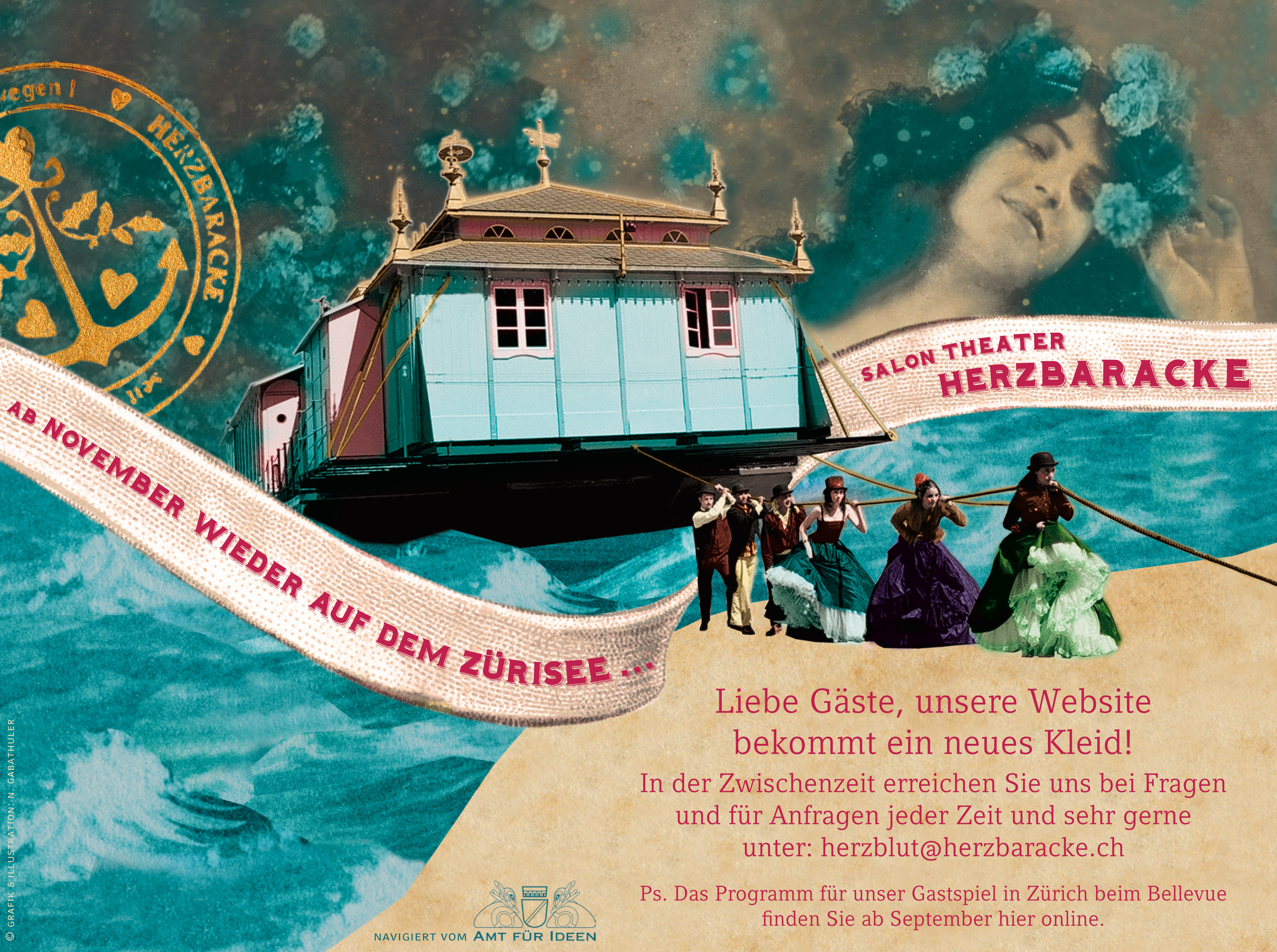 Ab November wieder auf dem Zürisee... Salon Theater Herzbaracke. Liebe Gäste, unsere Website bekommt ein neues Kleid! In der Zwischenzeit erreichen Sie uns bei Fragen und für Anfragen jeder Zeit und sehr gerne unter: . PS. Das Programm für unser Gastspiel in Zürich beim Bellevue finden Sie ab September hier online.